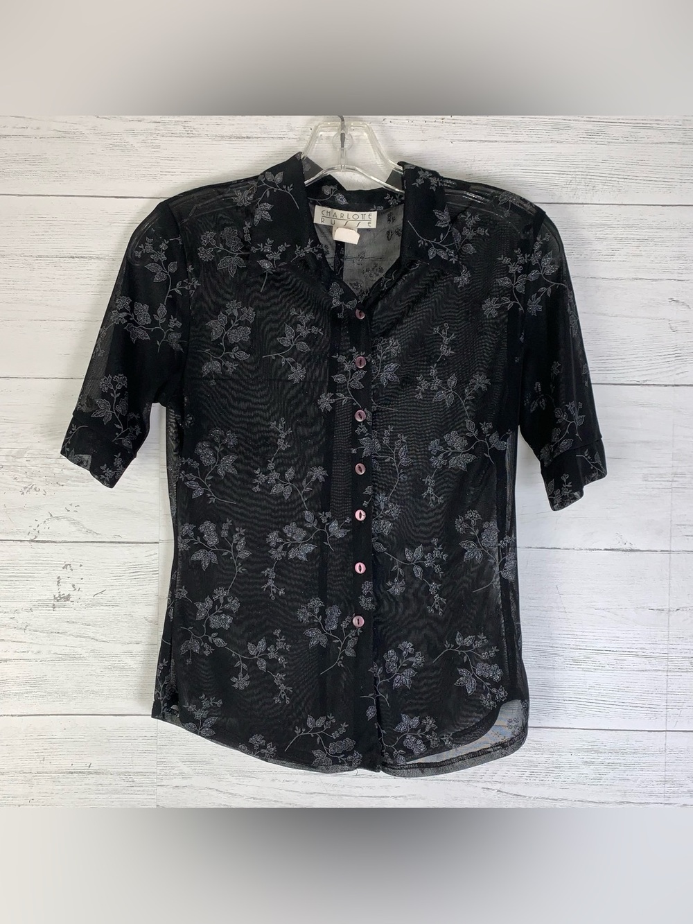 90's, Y2K Charlotte Russe black button front chiffon glitter top size L juniors